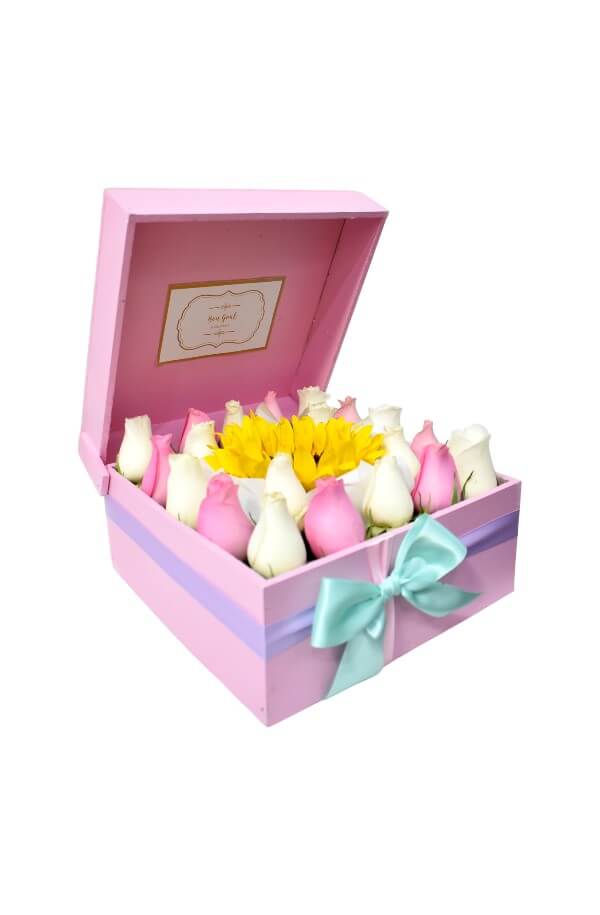 Arreglo Floral Con Rosas rosas blncas y Girasol #color_Rosa/Blanco