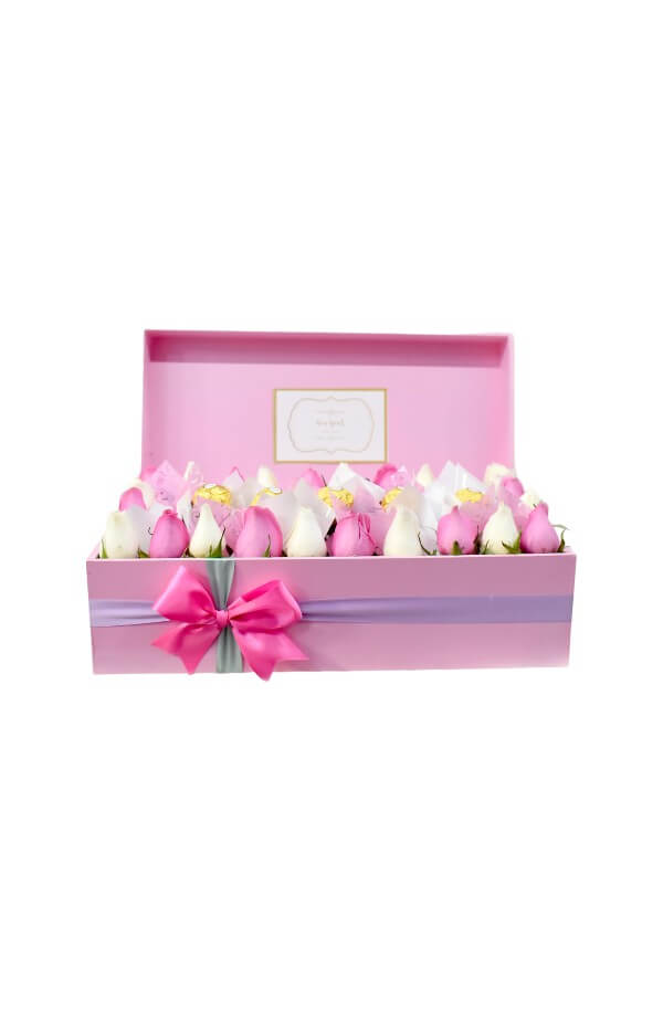 Arreglo Floral con Rosas Rosas y Blancas con Choclates Ferrero #color_Rosa/Blanco