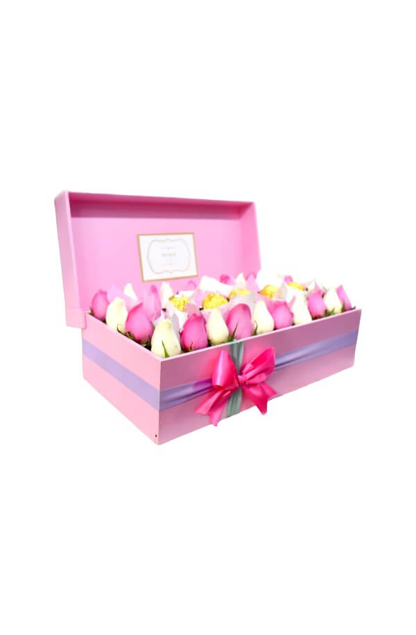 Arreglo Floral con Rosas Rosas y Blancas con Choclates Ferrero #color_Rosa/Blanco