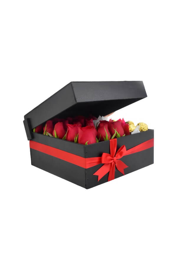 Arreglo Floral con Rosas Rojas,Chocolate y vino #color_Rojo