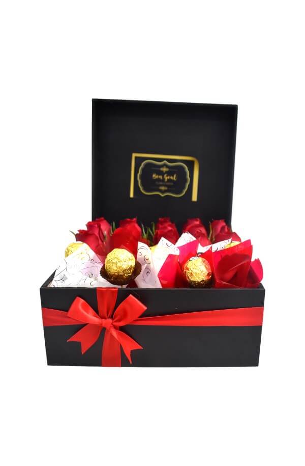 Arreglo Floral con Rosas Rojas y Chocolate #color_Rojo