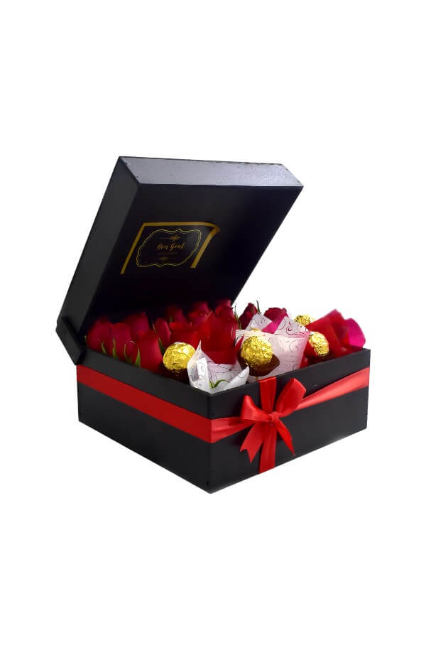 Arreglo Floral con Rosas Rojas y Chocolate #color_Rojo