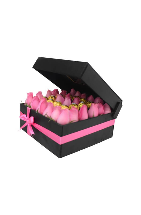 Arreglo Floral con Rosas Rosas y chocolate ferrero #color_Rosa