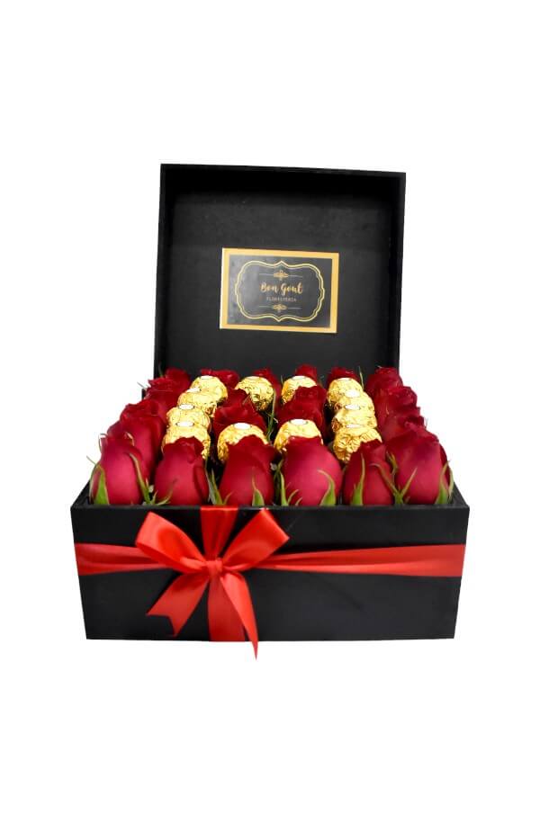 Arreglo Floral con Rosas rojas y chocolate ferrero #color_Rojo