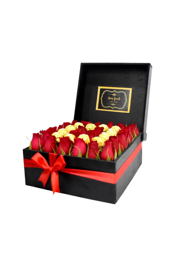 Arreglo Floral con Rosas rojas y chocolate ferrero #color_Rojo