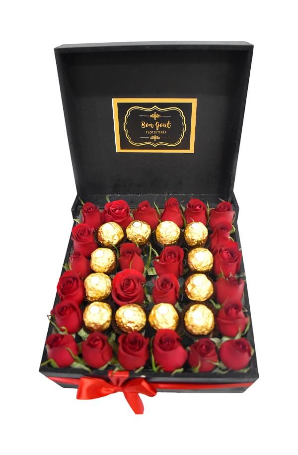 Arreglo Floral con Rosas rojas y chocolate ferrero #color_Rojo