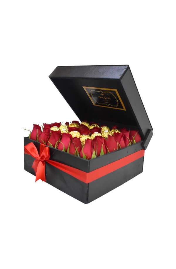 Arreglo Floral con Rosas rojas y chocolate ferrero #color_Rojo