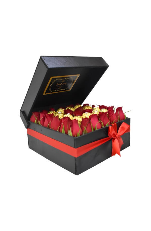 Arreglo Floral con Rosas rojas y chocolate ferrero #color_Rojo
