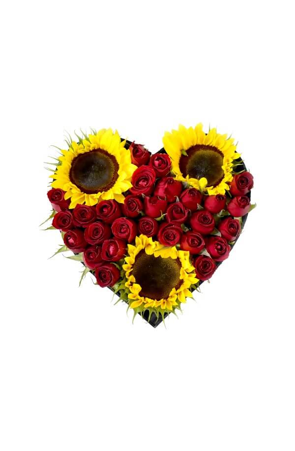 Arreglo Floral en forma de corazon Con Rosas Rojas y Girasol #color_Rojo