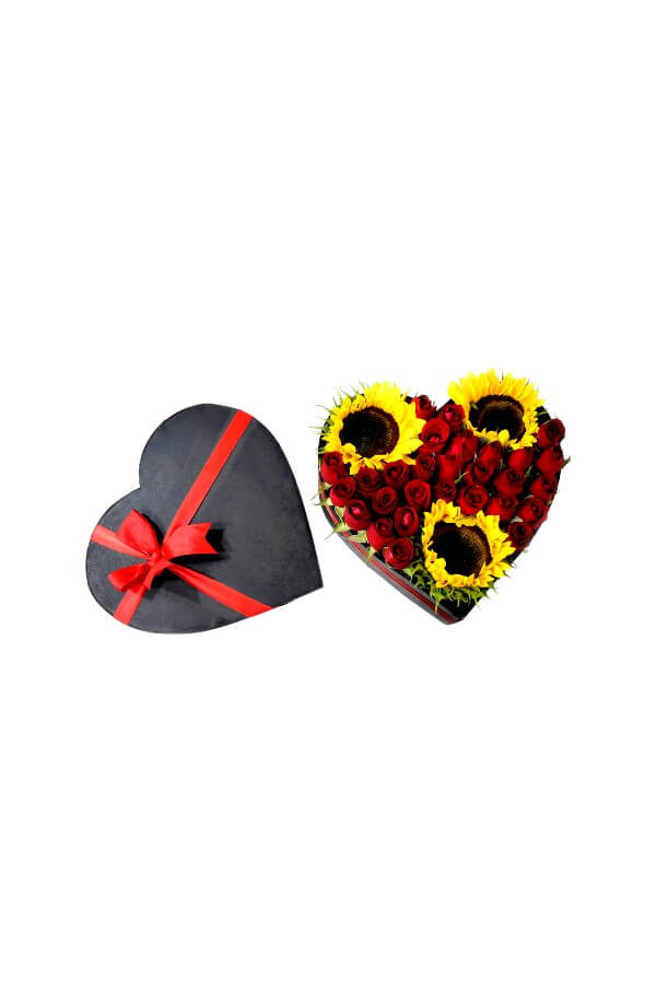 Arreglo Floral en forma de corazon Con Rosas Rojas y Girasol #color_Rojo