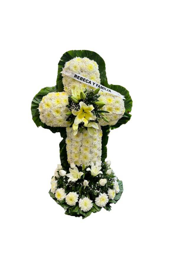 Cruz Fúnebre con Flores Variadas – Incluye Banda Personalizada