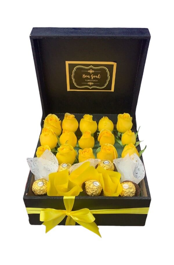 Amanecer Primaveral: Caja de Rosas Amarillas y Chocolates Ferrero