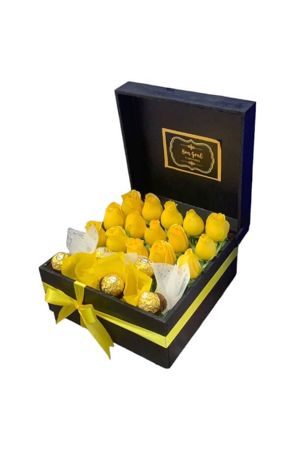 Amanecer Primaveral: Caja de Rosas Amarillas y Chocolates Ferrero