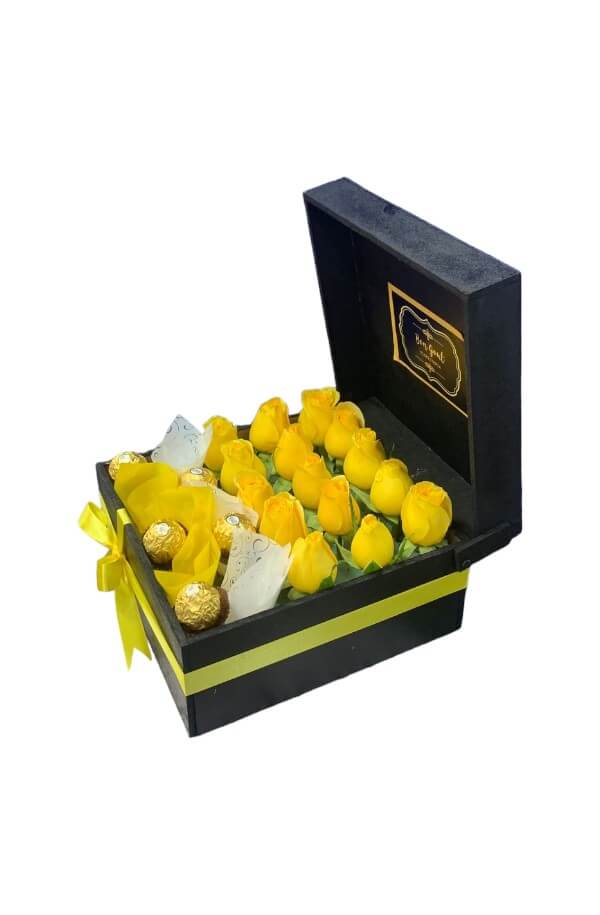 Amanecer Primaveral: Caja de Rosas Amarillas y Chocolates Ferrero