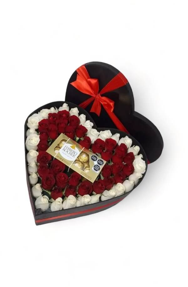 Corazon de Rosas Rojas con Chocolates #Rojo/Blanco