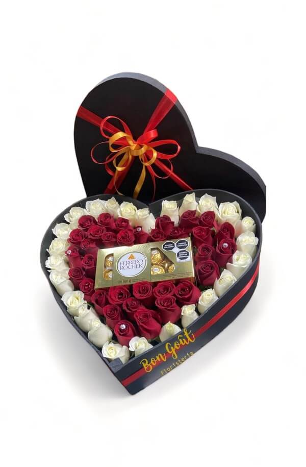 Corazon de Rosas Rojas con Chocolates #Rojo/Blanco