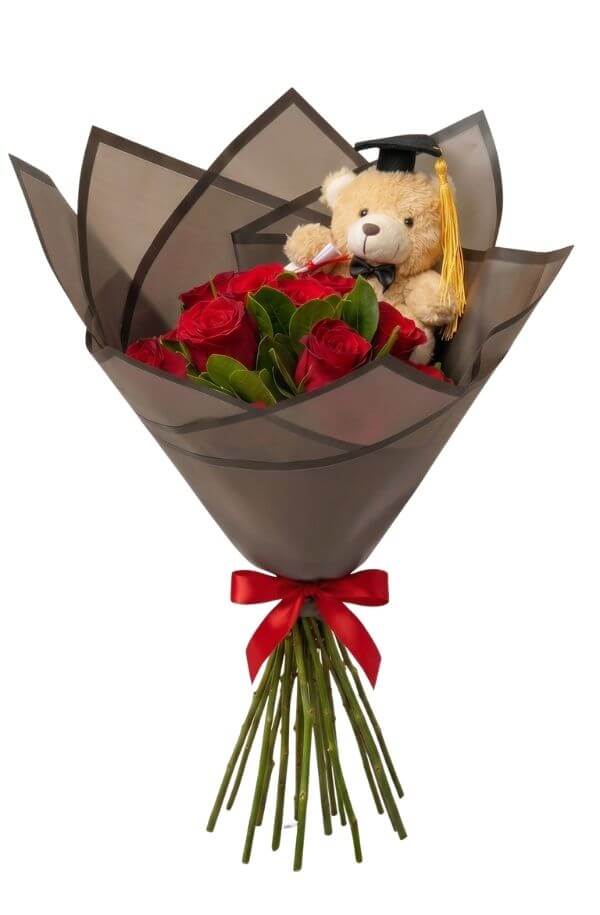 Ramo con rosas rojas y peluche de graduacion
