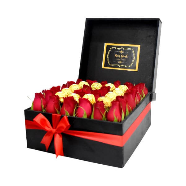 Arreglo Floral  con Rosas rojas y chocolate ferrero #color_Rojo
