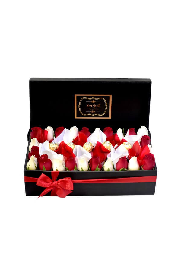 Arreglo Floral con rosas rojas y blancas chocolates ferrero #color_Rojo/Blanco