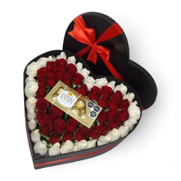 Corazon de Rosas Rojas con Chocolates #Rojo/Blanco