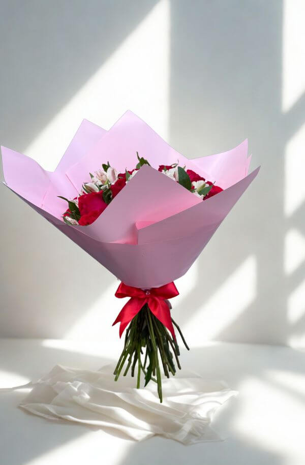 RamoRosaRojaspapelRosasyastromelias